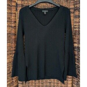 J.Crew Wool Bell Sleeve V Neck Sweater Black XS Capsule Minimalist Basic Office